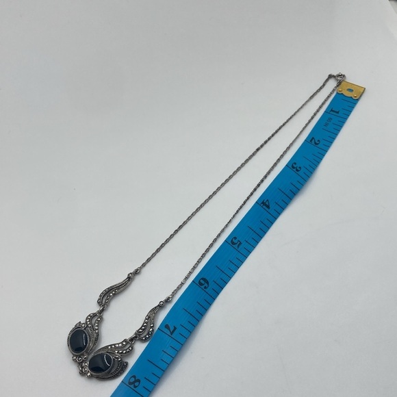 Art Deco Sterling Onyx & Marcasite Ornate Sterling Silver Chain Approx 16” - Picture 8 of 8